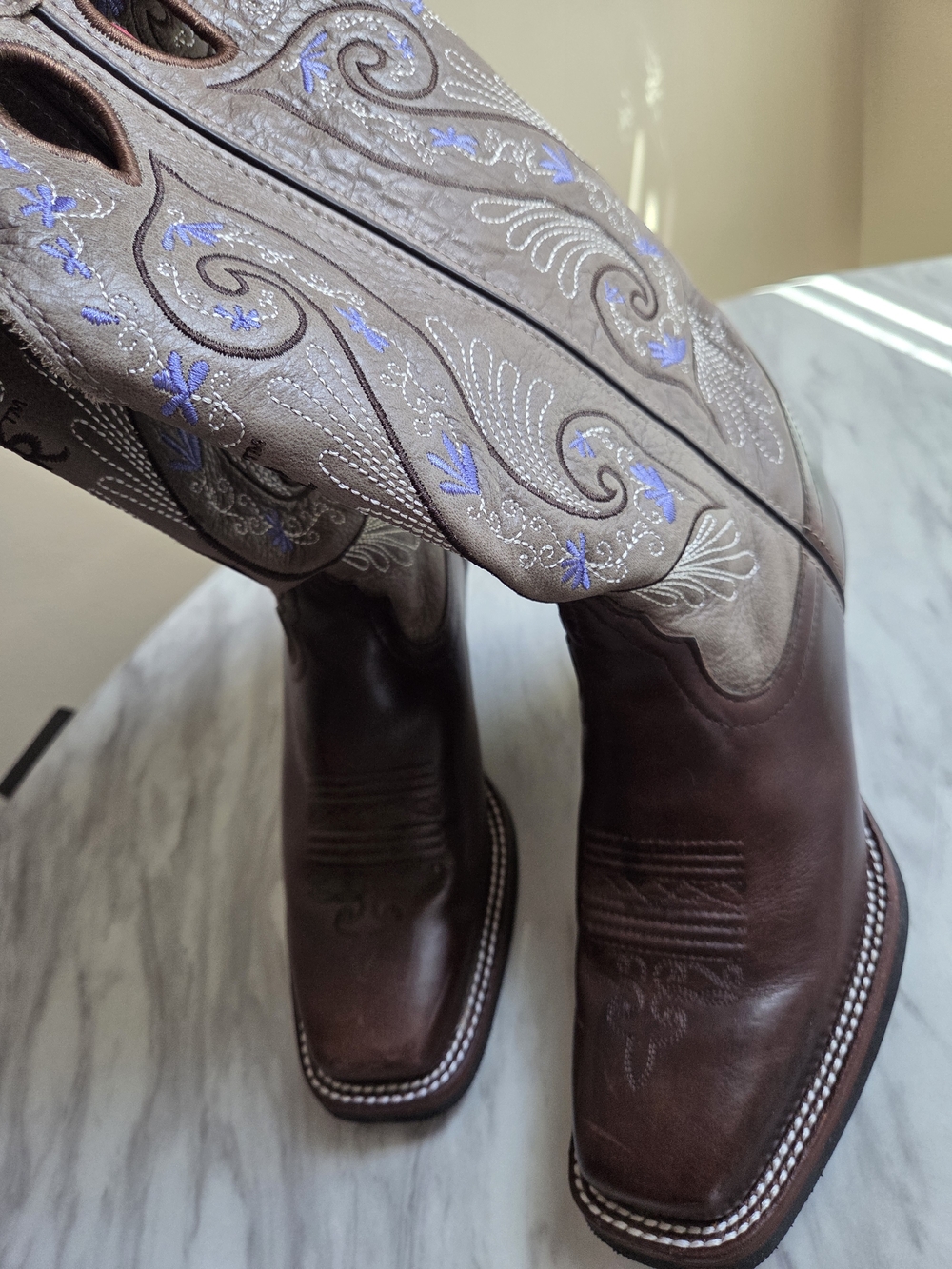 Tony Lama Brown Leather Western Boots with Gray Shaft and Lavender Stitching - Picture 2 of 6